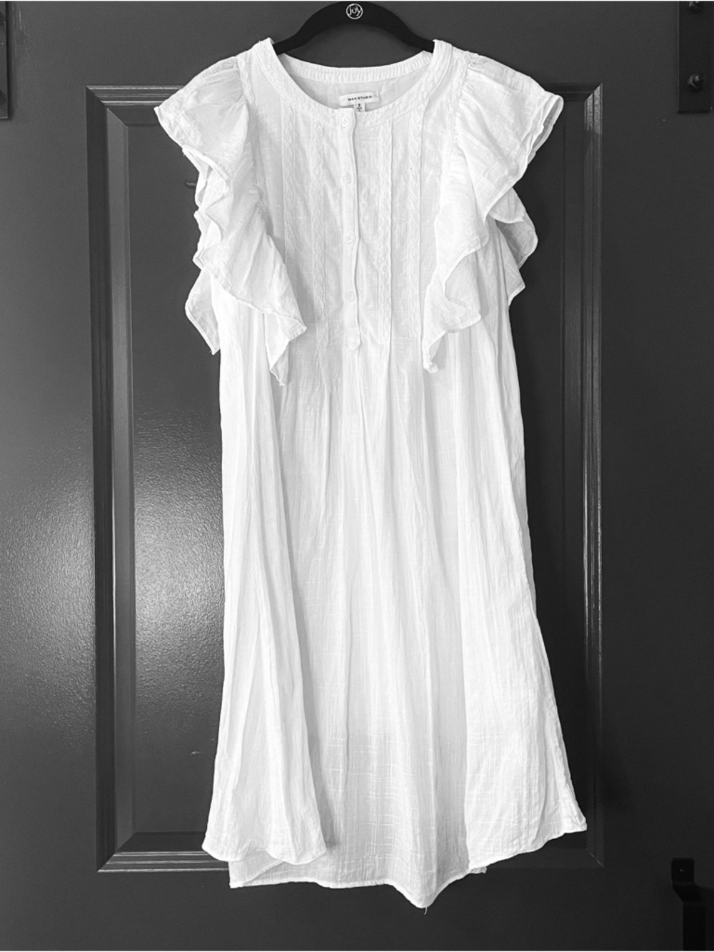 White cotton Flutter Sleeve Tunic Dress embroidered  gauzy prairie cottage fairy